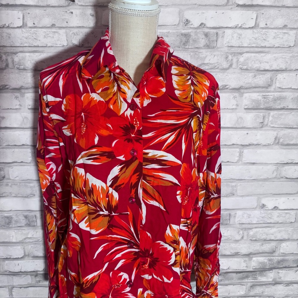 Vintage Avon Tropical Red Floral Button Up Shirt - Picture 2 of 9